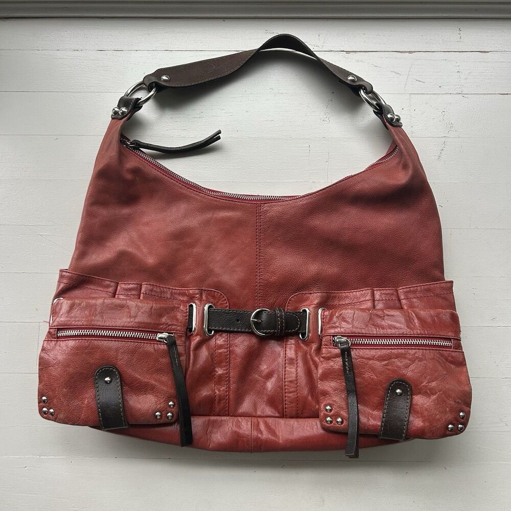 TANO Orange / Red Leather Hobo Slouchy Shoulder Purse Bag